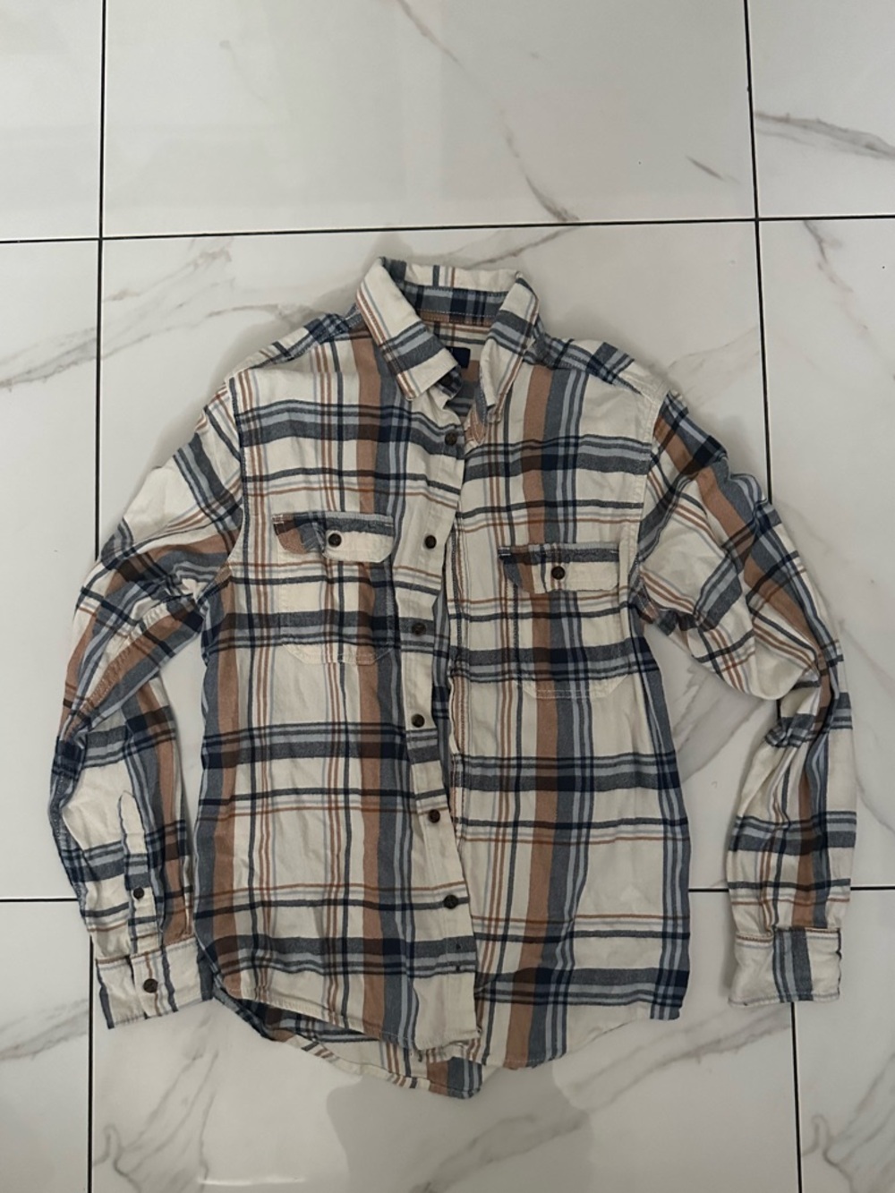George Plaid Button-Up Shirt in Navy, Brown, Cream
